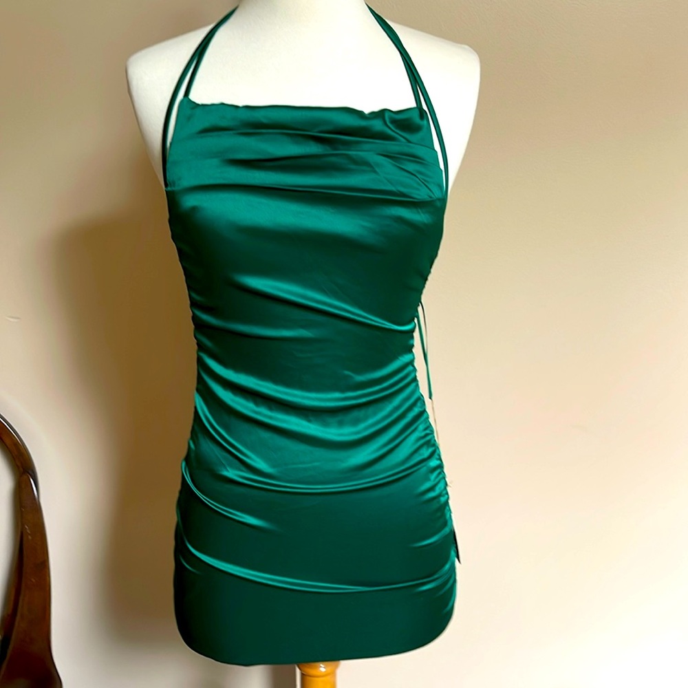 Sky to Moon Kelly Green satin backless dress NWT